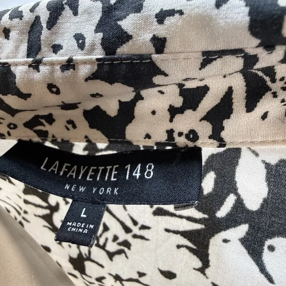 Lafayette 148 Womens Floral Button Up Blouse Top Shirt Size L Cream Black Cotton - Picture 6 of 7